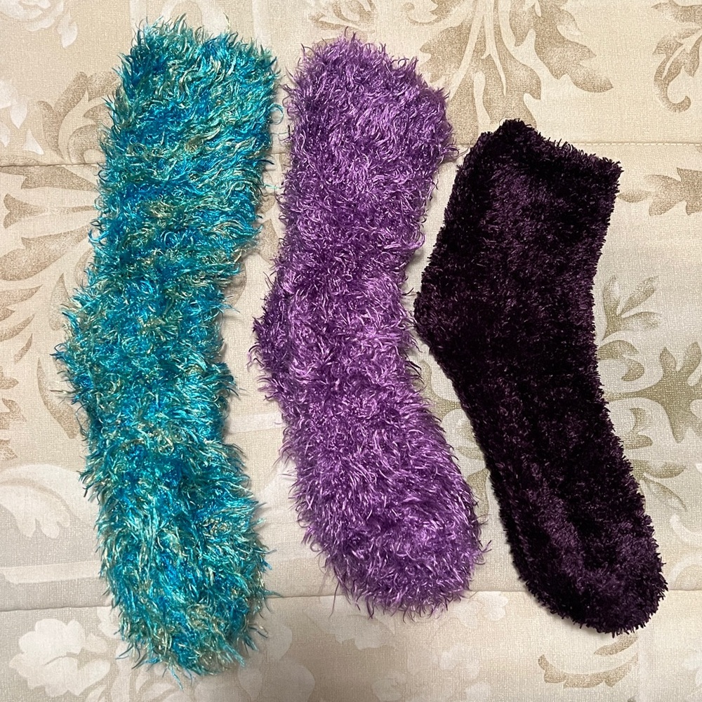 Fuzzy Blue, Purple, and Black Socks Set